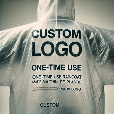 a close up view of a one time use raincoat made from very thin pe plastic, showcasing the words 'custom logo' prominently printed on the back. the rai