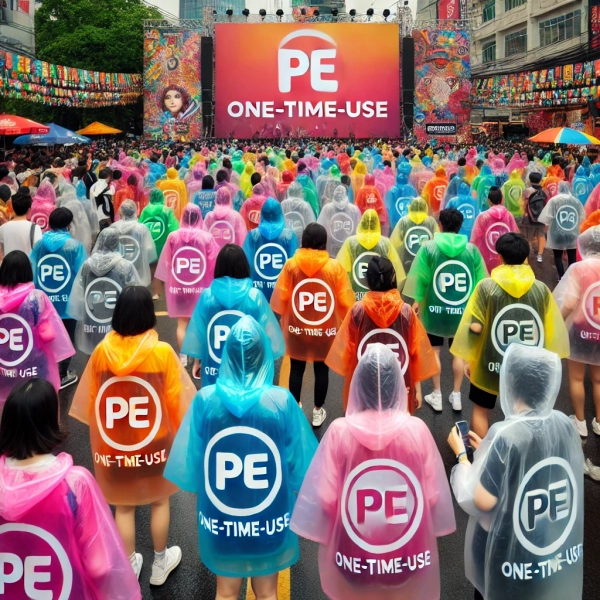 a commercial promotional advertisement activity where people are wearing very thin, one time use pe raincoats in various colors, i