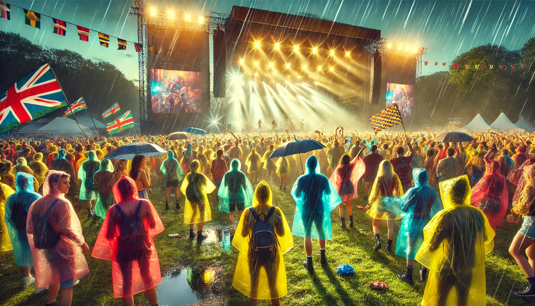 a vibrant outdoor music festival scene during a light drizzle, with attendees wearing colorful disposable raincoats in shades of red, yellow, blue, an