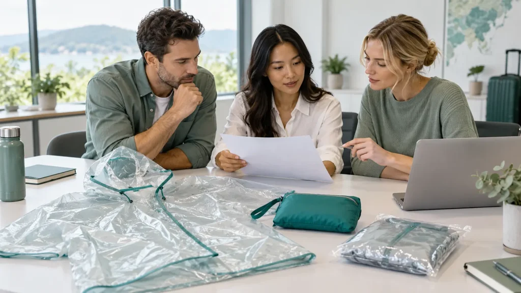 Procurement colleagues reviewing rainwear samples and packaging
