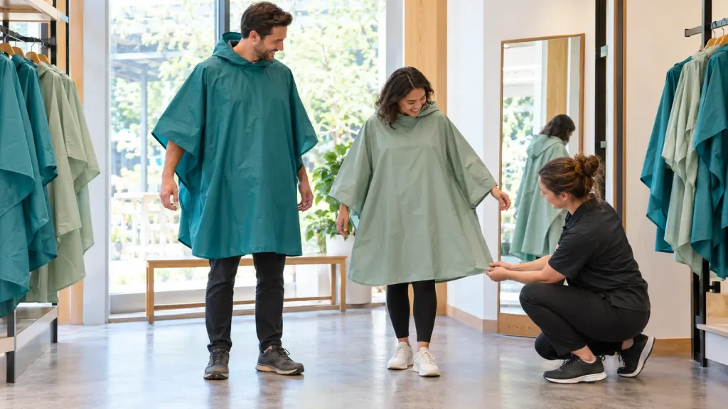 Adults comparing the length and fit of two rain ponchos