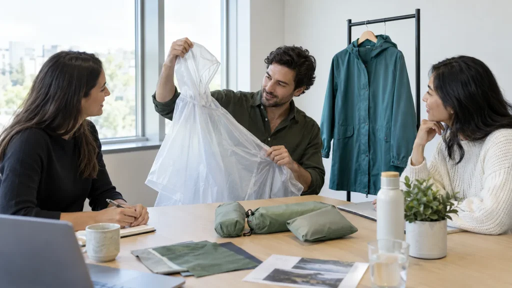 Business buyers discussing a clear poncho and a teal raincoat in a bright meeting room