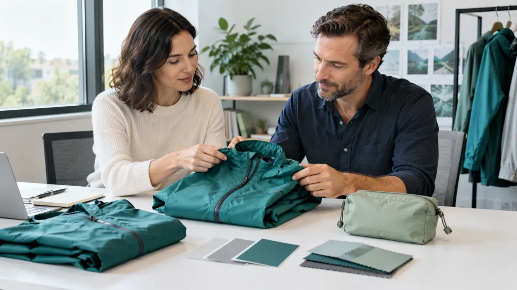 Procurement colleagues discussing a rainwear sample and compact pouch