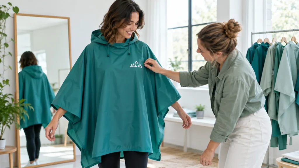 A colleague checking a chest motif on a teal poncho worn in a fitting room