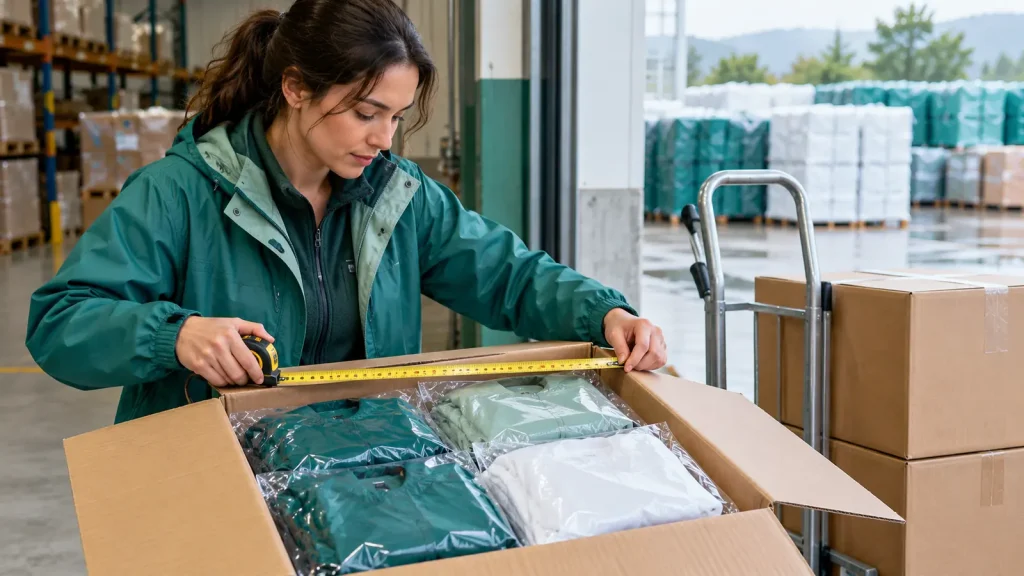 Employee checking a carton of poncho packs at a receiving table