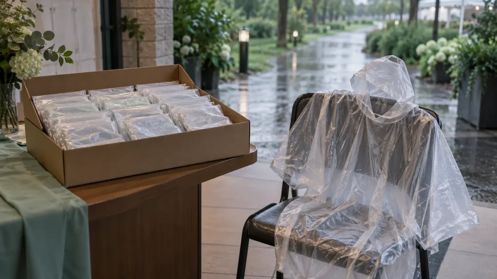 Translucent emergency ponchos and compact packs arranged at a sheltered event desk