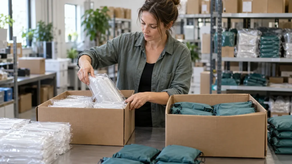 Warehouse staff organizing clear poncho packs and teal rainwear pouches in cartons