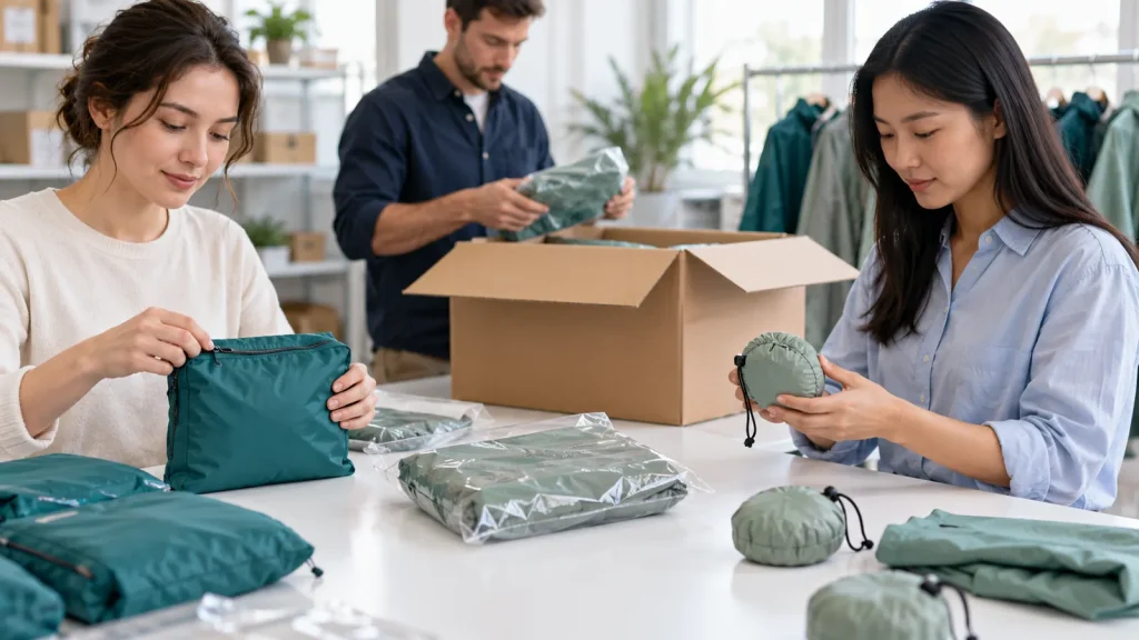 Colleagues reviewing rainwear pouches and folded garments beside a carton