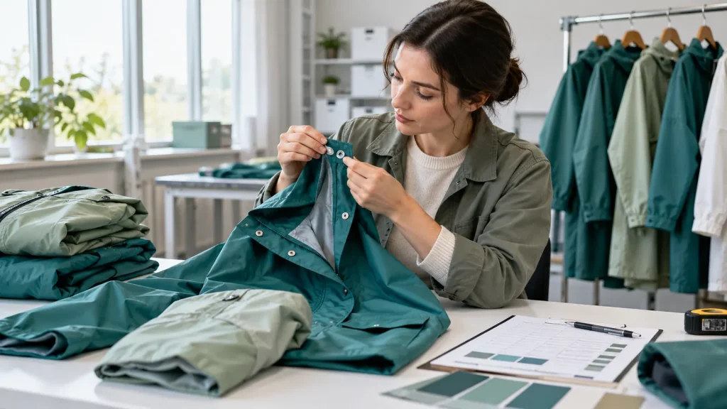 An inspector checking snap fastenings on a teal raincoat