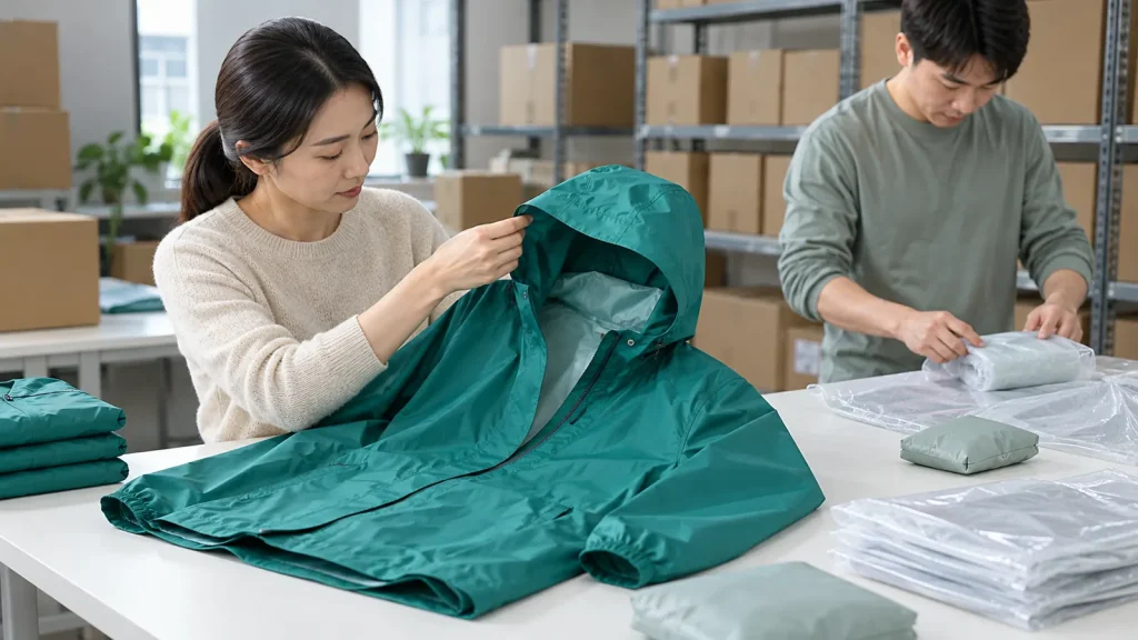 A coordinator checking a raincoat hood while a colleague folds a poncho