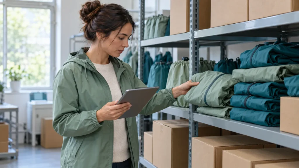 Stock coordinator checking rainwear packs on storeroom shelves