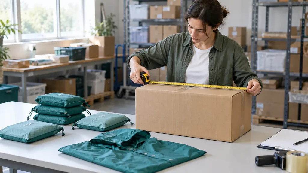 A colleague measuring a master carton beside packed teal and sage rainwear
