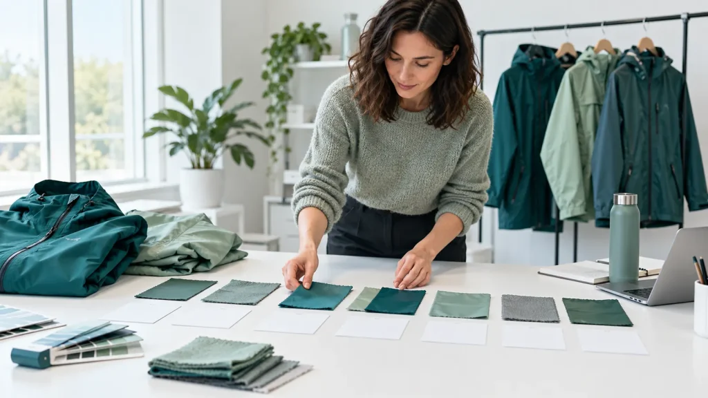A planner arranging material swatches and planning cards beside rainwear samples
