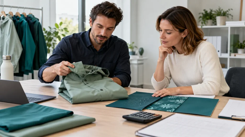 Two buyers discussing a sage garment and printed swatches beside a calculator