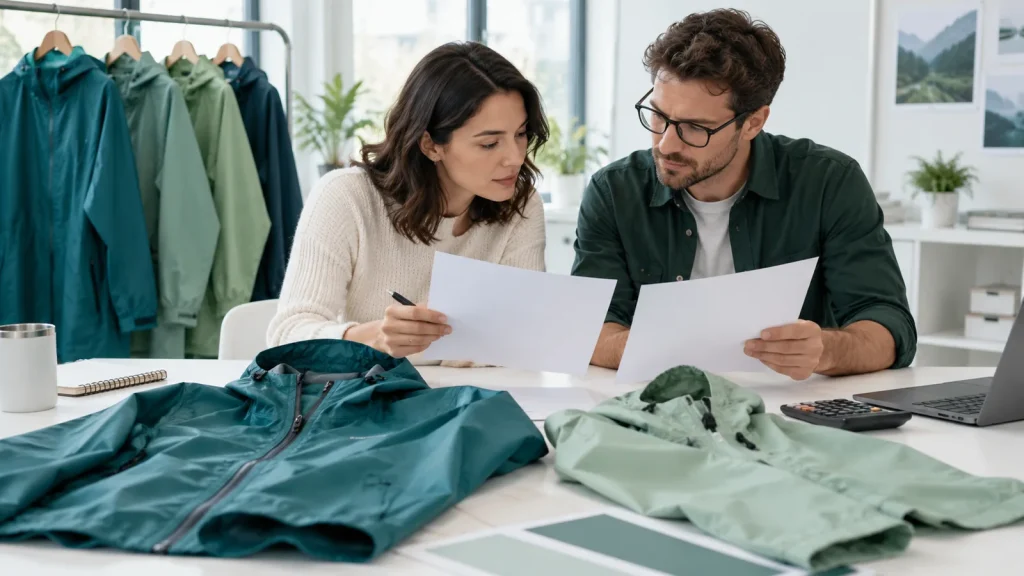 Two buyers comparing documents beside teal and sage raincoats