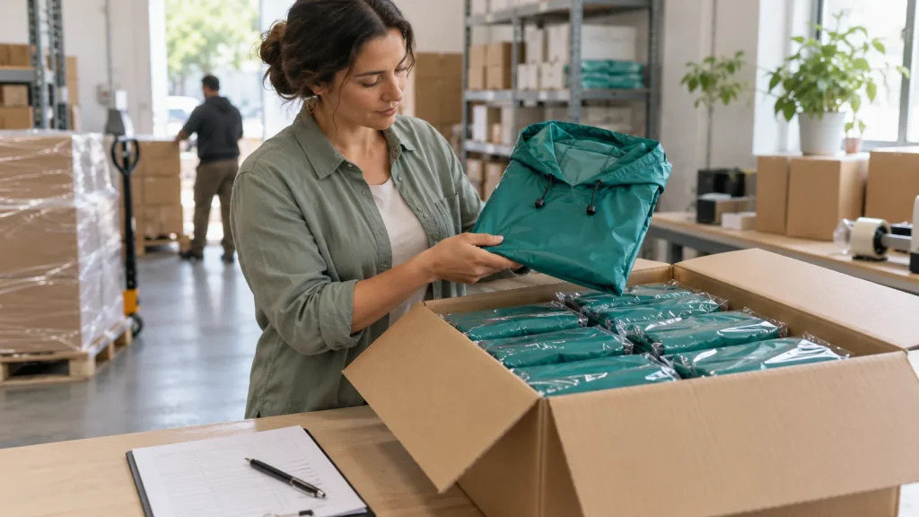 A warehouse colleague inspecting a packed teal poncho at a receiving bench