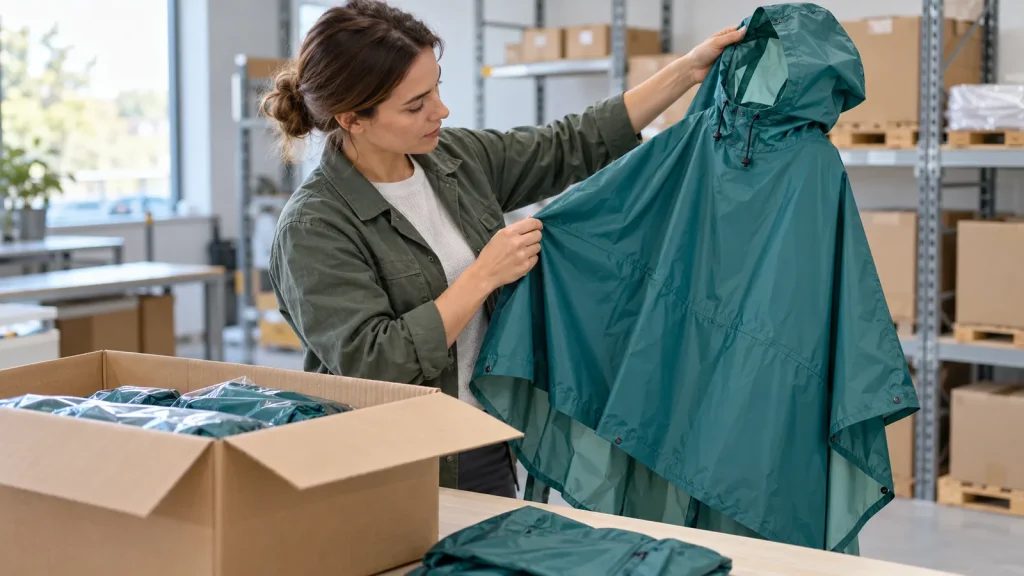 A warehouse inspector checks a teal poncho beside a carton of packed rainwear