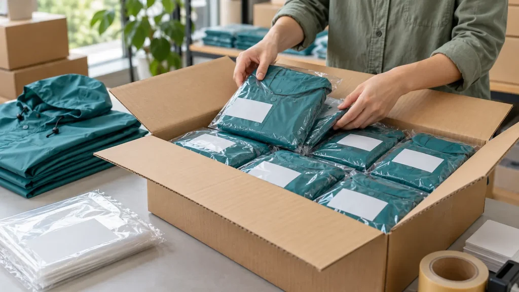 Individually packed rain ponchos arranged in a shipping carton