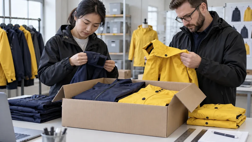 Inspectors checking raincoat samples beside a bulk packing carton