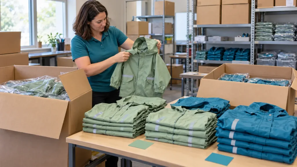 A coordinator checking a small sage raincoat beside cartons and folded rainwear