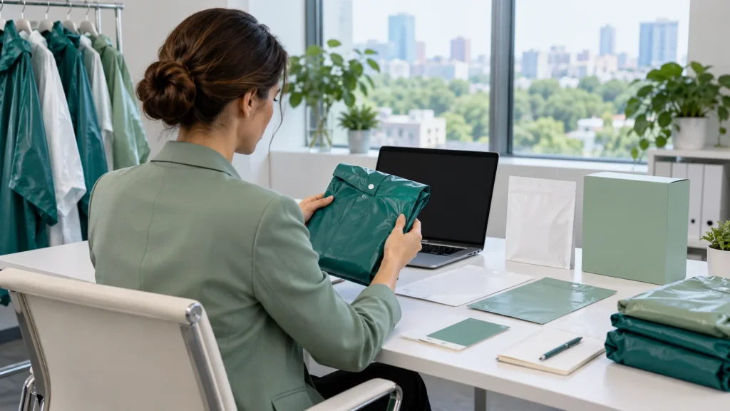 A coordinator compares a folded rain poncho with packaging materials at a desk