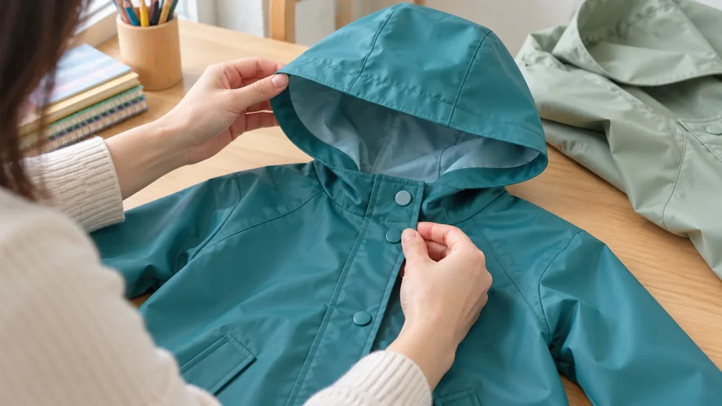 Hands inspecting the hood edge and snap closure of a small teal raincoat