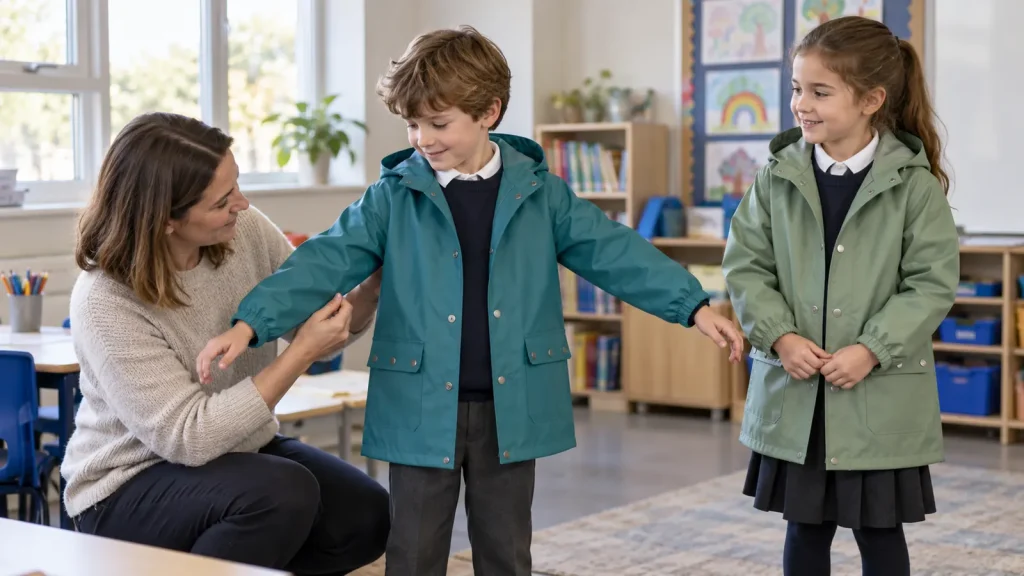 An adult observing sleeve fit as two children try raincoats over school clothing