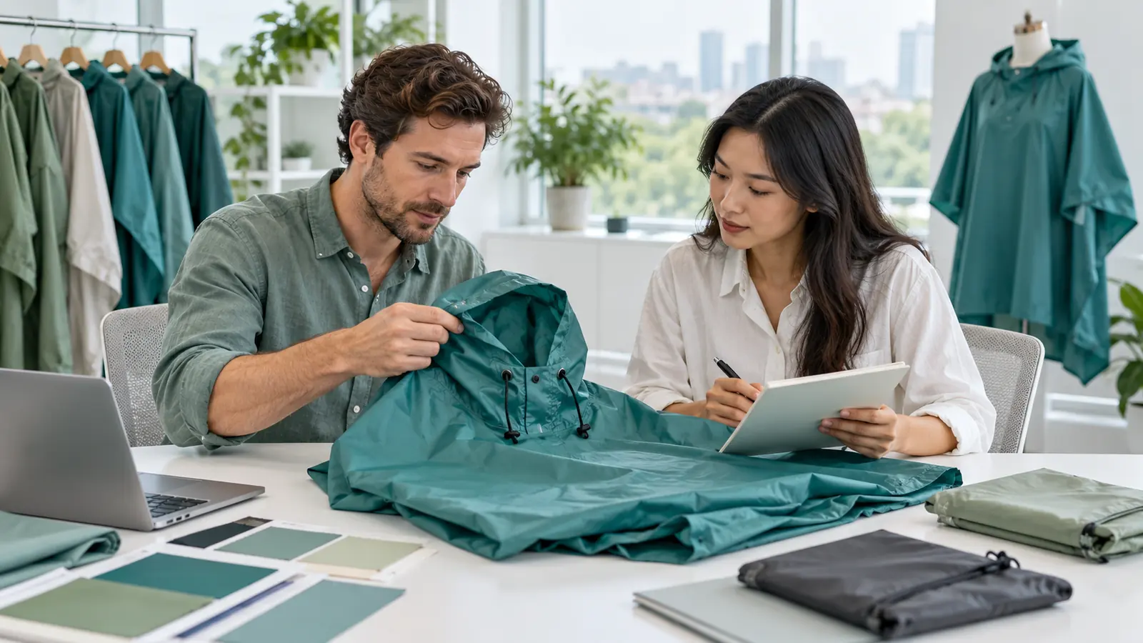 Two colleagues examining a teal rain poncho beside a notebook and material swatches