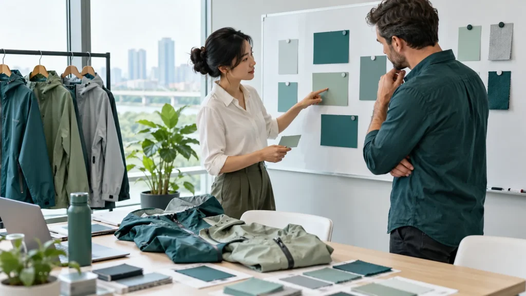 Two colleagues discussing a board of colour cards beside raincoat samples