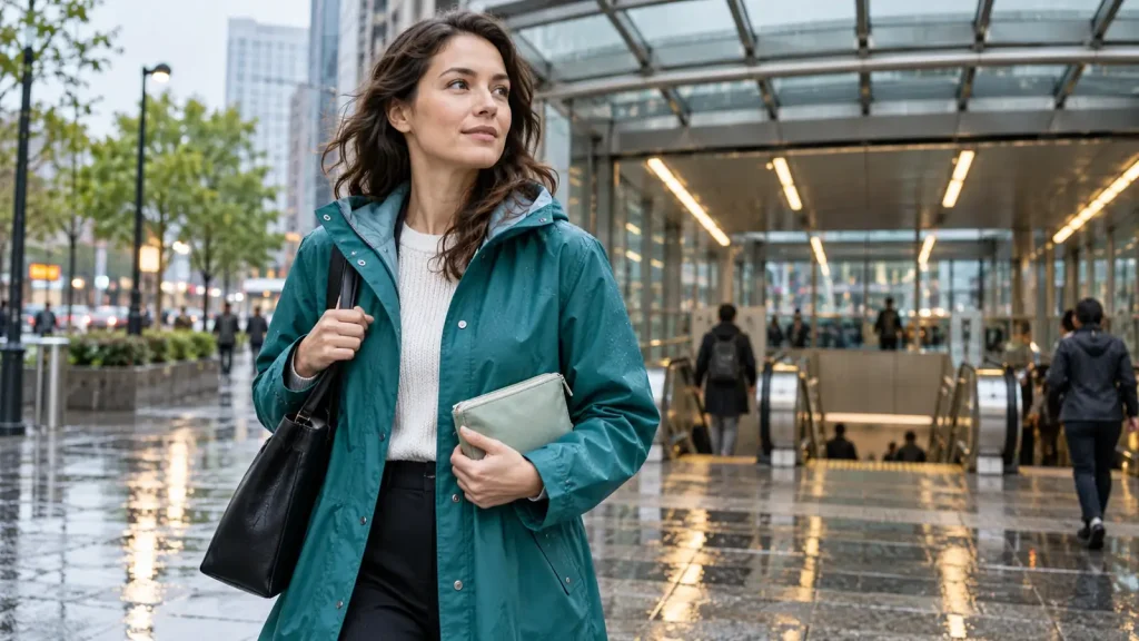 Commuter in a teal raincoat carrying a pouch and work bag near a station