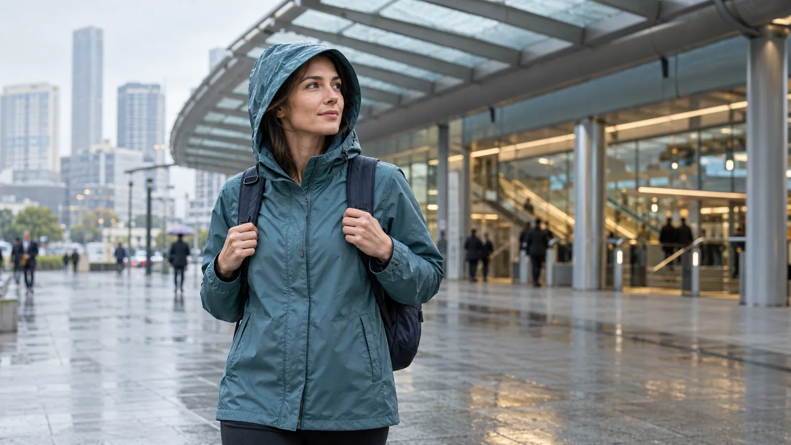 Commuter in a teal rain jacket beside a covered station entrance