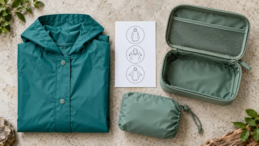 A folded teal poncho, illustrated instruction card and two fabric carrying pouches