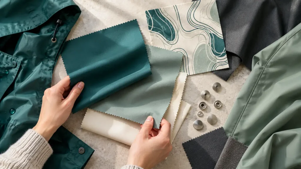 Rainwear color swatches, an abstract pattern and metal fastening samples