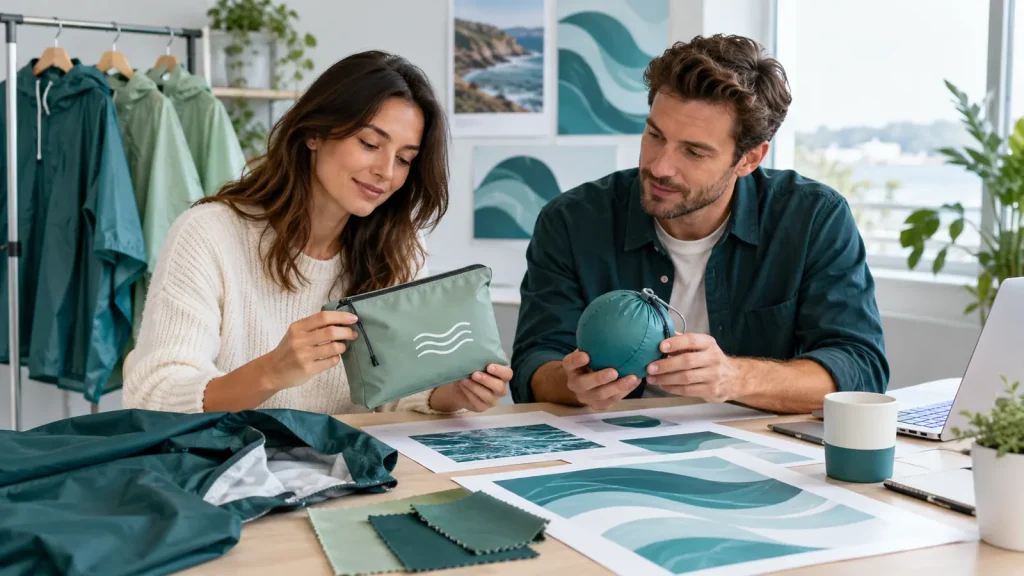 Two colleagues reviewing a wave emblem on a sage pouch beside artwork samples