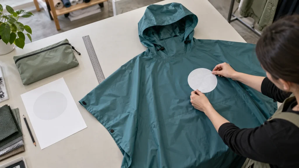 Designer positioning a circular print design on a teal rain poncho