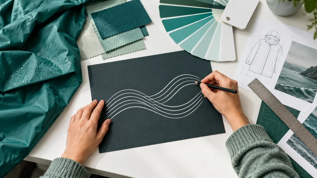 Hands reviewing wave artwork beside fabric swatches, a ruler and colour samples