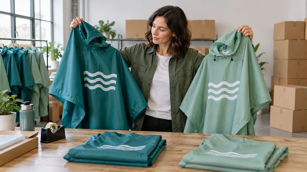 A reviewer comparing wave motifs on teal and sage rainwear near packed cartons