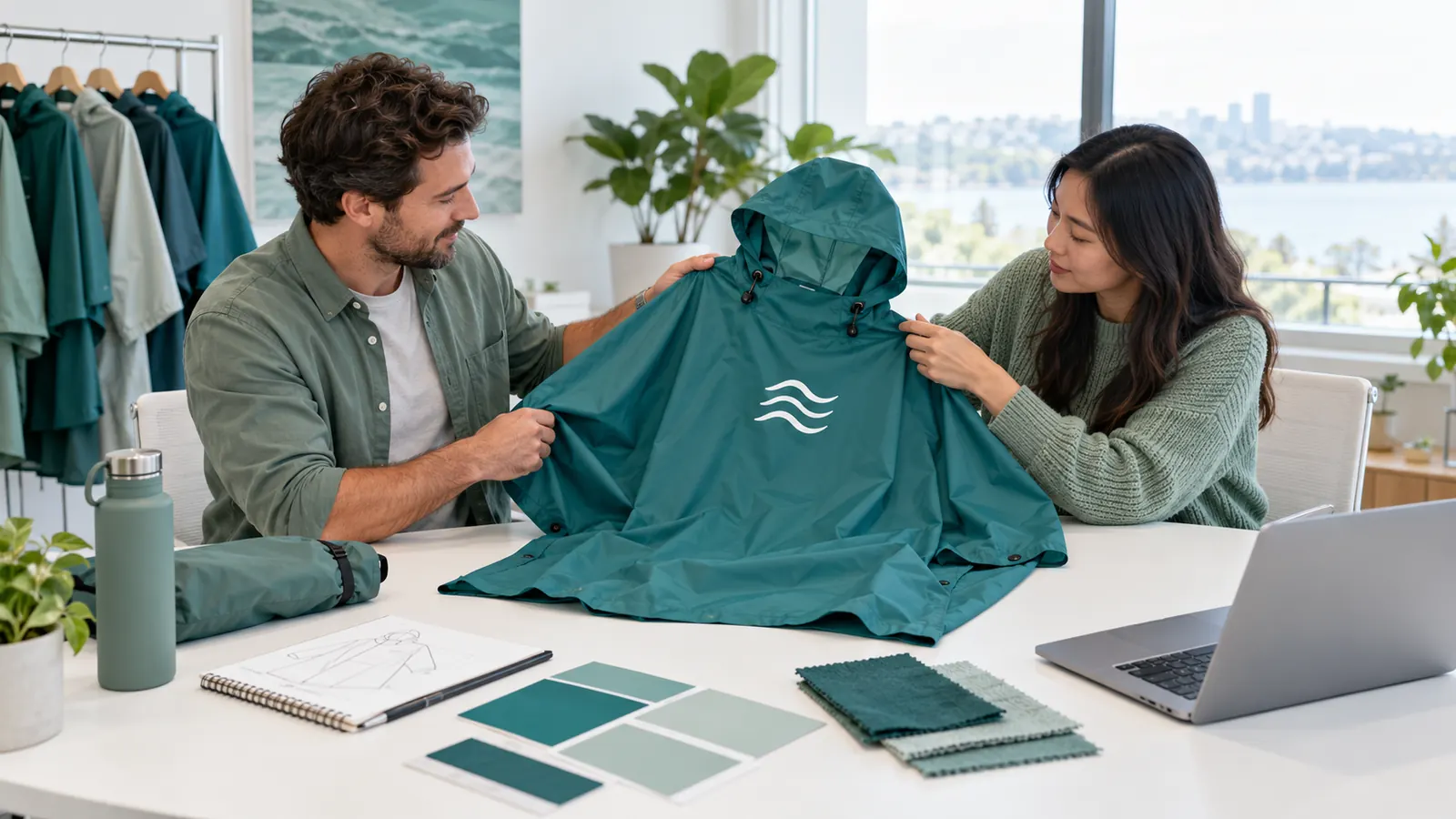 Two colleagues reviewing teal rainwear with a white wave emblem at a sample table