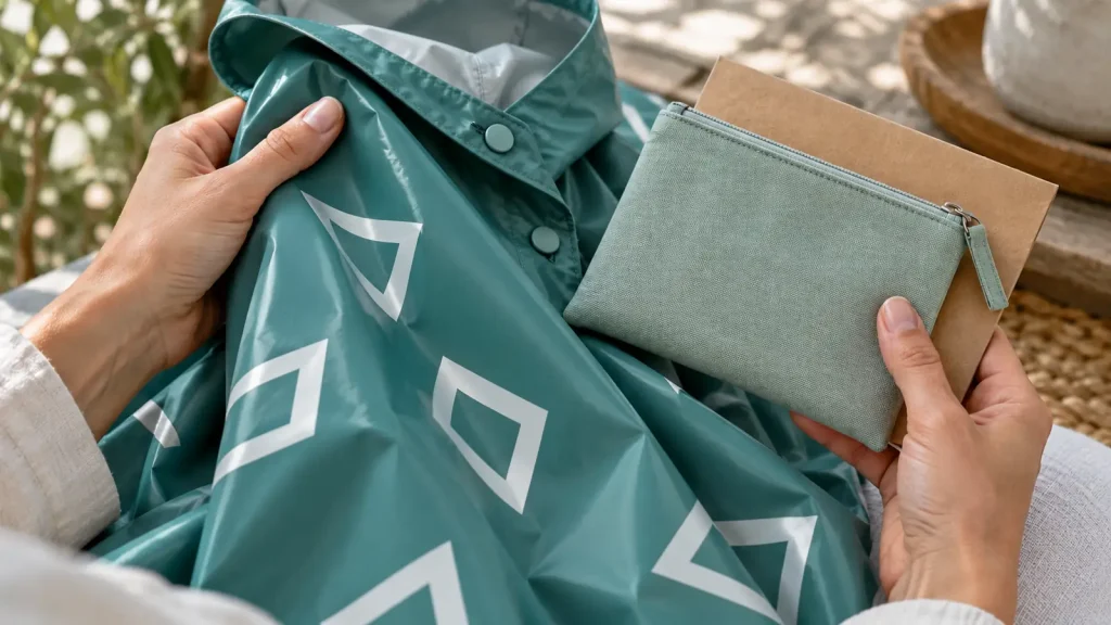 Geometric print sample on teal rainwear beside a sage pouch and paper sleeve