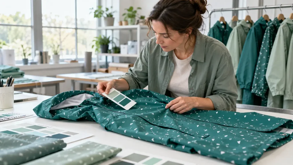 A specialist comparing colour swatches with a printed teal raincoat