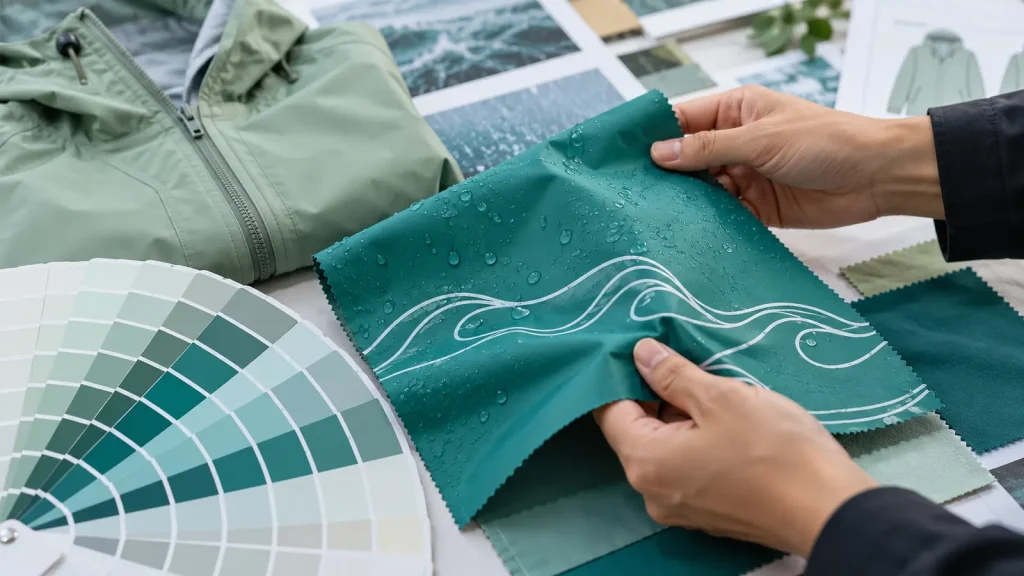 Hands holding teal rainwear material with a white wave pattern beside colour swatches