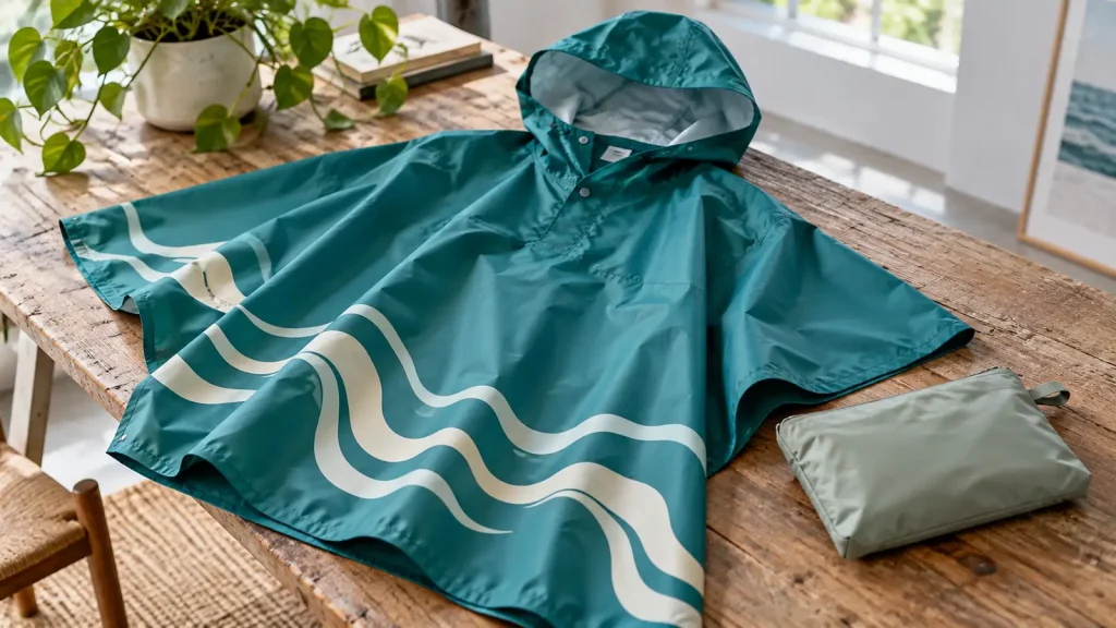 Teal poncho with a cream wave pattern beside a sage pouch