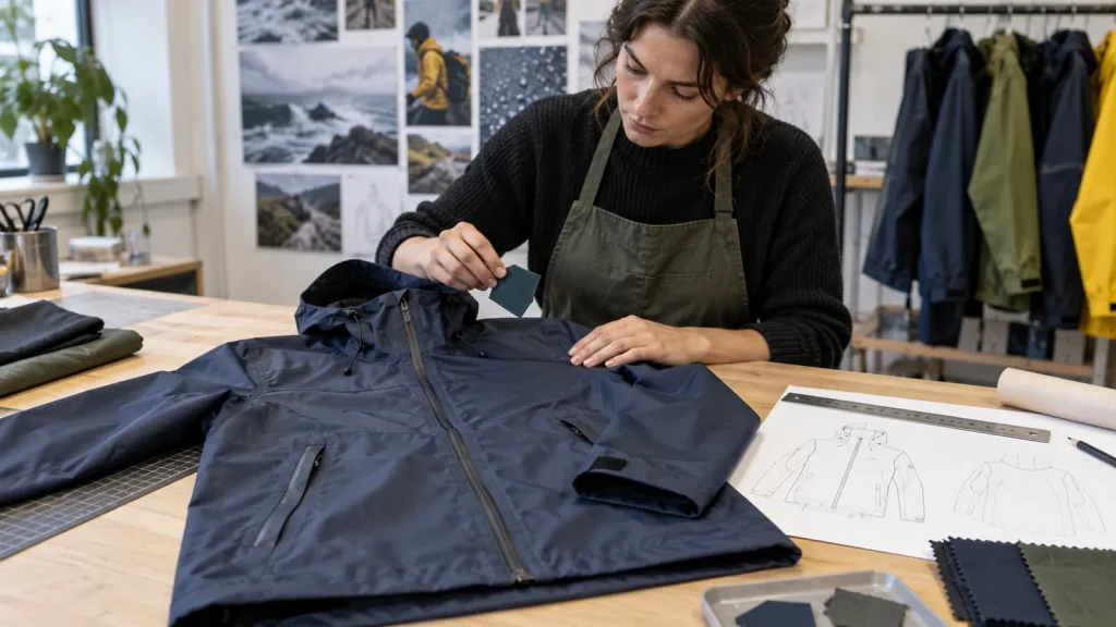Designer arranging a geometric branding patch beside a navy work rain jacket