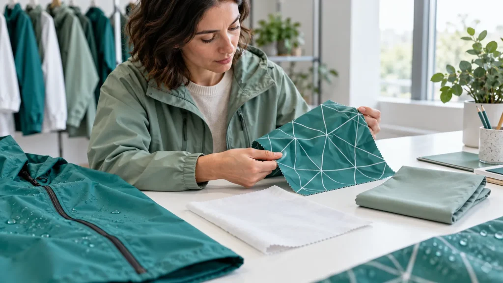 A reviewer examining a printed teal swatch beside a white cloth and folded material