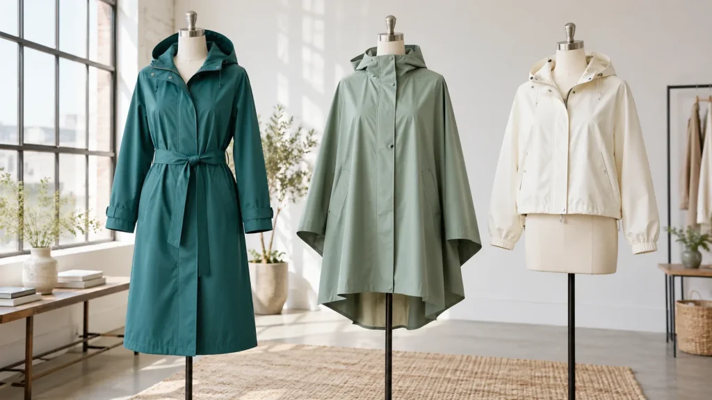Trench, cape and short rain jacket samples displayed on dress forms