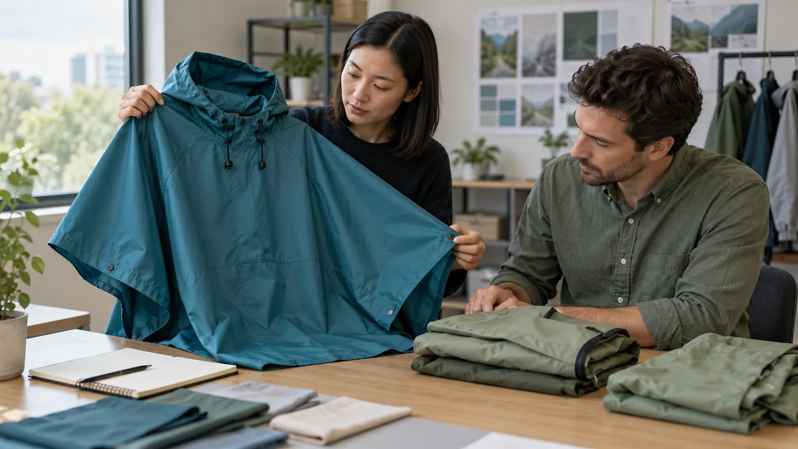 Procurement colleagues comparing a hooded poncho and folded rainwear