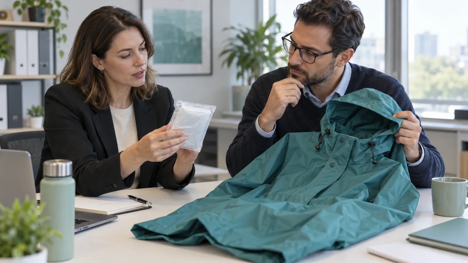 Buyers comparing a packed translucent poncho with a teal hooded raincoat