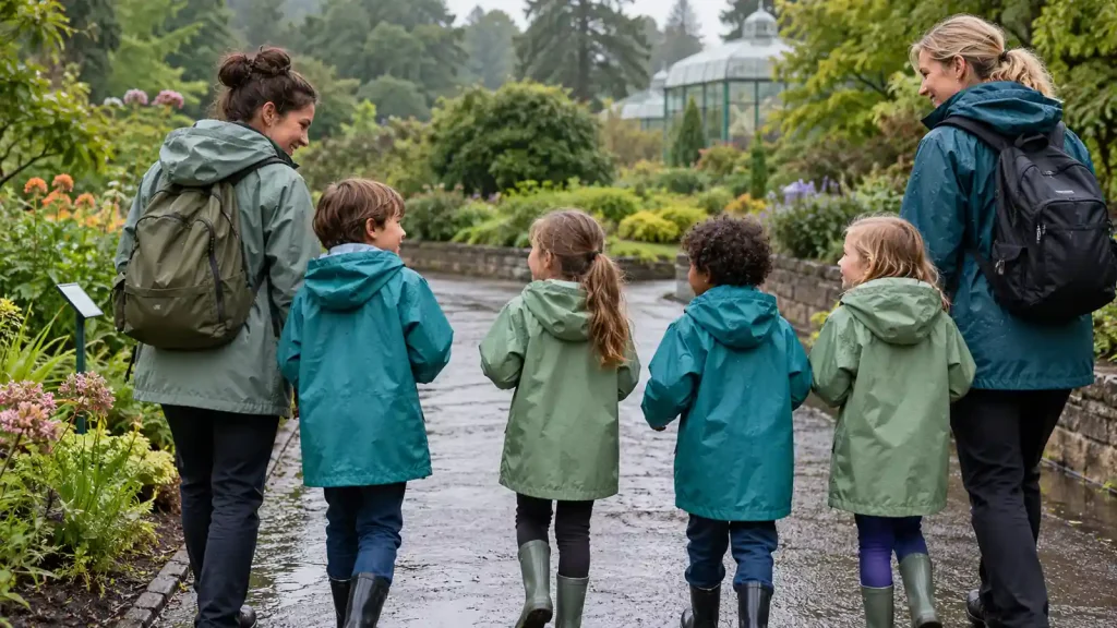 Four children in teal and sage raincoats walking with two adults on a garden path
