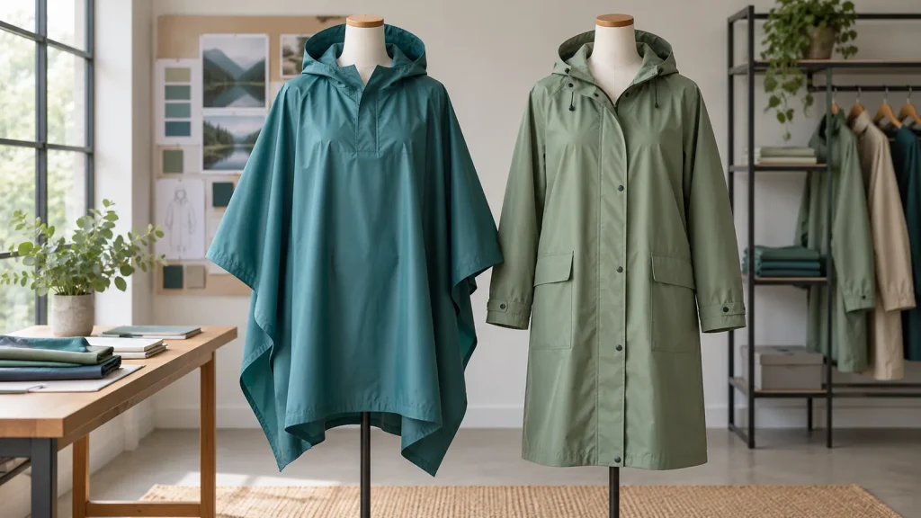 Hooded poncho and front-opening raincoat displayed side by side