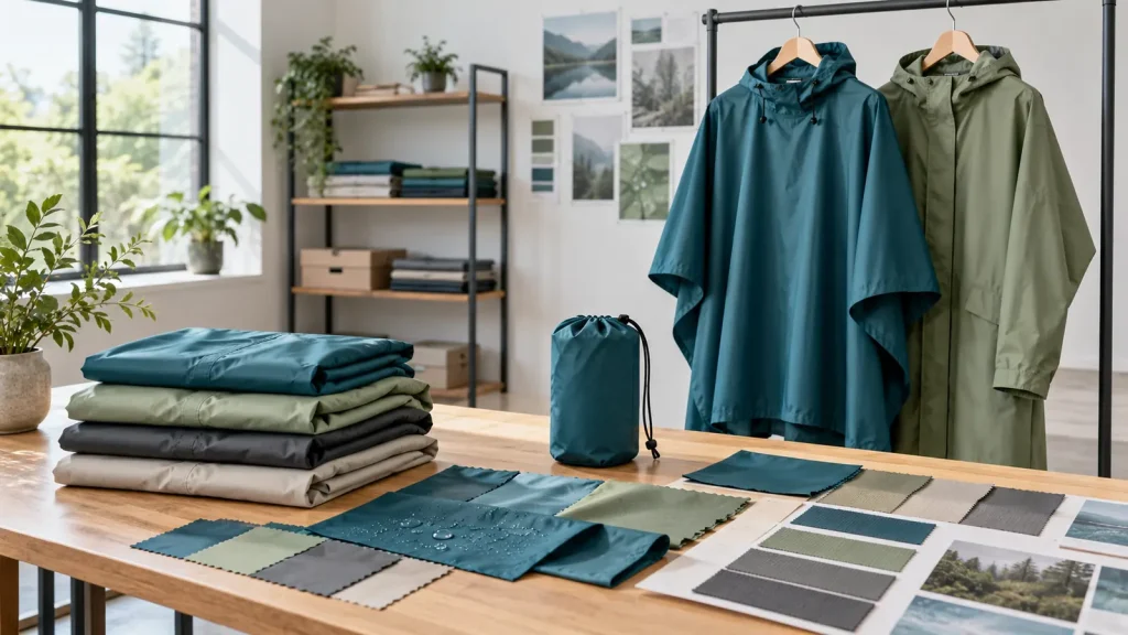 Rain poncho and raincoat samples displayed with folded packs